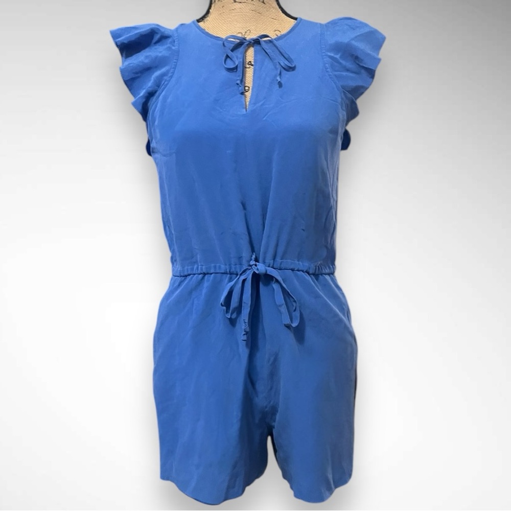 MADEWELL Women's Petal Play Blue 100% Silk Short Sleeve Romper XS | EUC